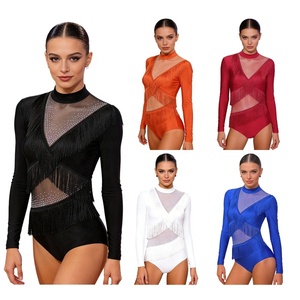 Traje de baile lírico para mujer, mono de baile latino, leotardo con flecos y patchwork, trajes de baile para actuaciones en escenario - Product Image 1