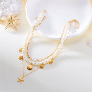 European American Summer Fashion Women's Alloy Multi-layer Pearl Starfish Shell Link <b>Chain</b> Necklace 3-Piece <b>Cross</b>-Border Set - Product Image 4