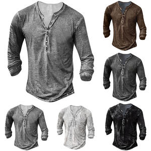 Venta al por mayor de encargo de los hombres Vintage Casual Henley Camisa de algodón poliéster manga corta rasgado y lavado abotonado Color sólido camiseta - Product Image 5