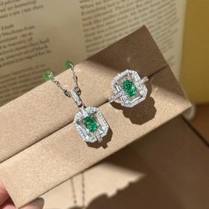 White <b>Crystal</b> Tsavorite Green Oval Diamond <b>Ring</b> With Silver Plated Gold Geometric Design For Women Engagement Jewelry - Product Image 1
