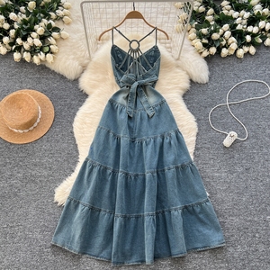 Vestido vaquero maxi casual de verano para mujer, sin mangas, con cuello de lazo, corte ajustado, espalda descubierta, negro, ecológico - Product Image 3