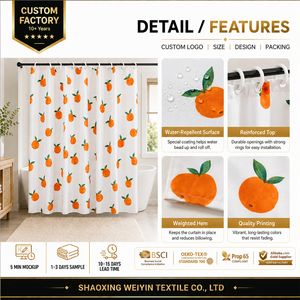 <span class=keywords><strong>Rideau</strong></span> de <span class=keywords><strong>douche</strong></span> personnalisé à imprimé fruits oranges avec crochets, tissu hydrofuge, ourlet lesté, OEM ODM pour la vente au détail et les grossistes en cadeaux - Product Image 2