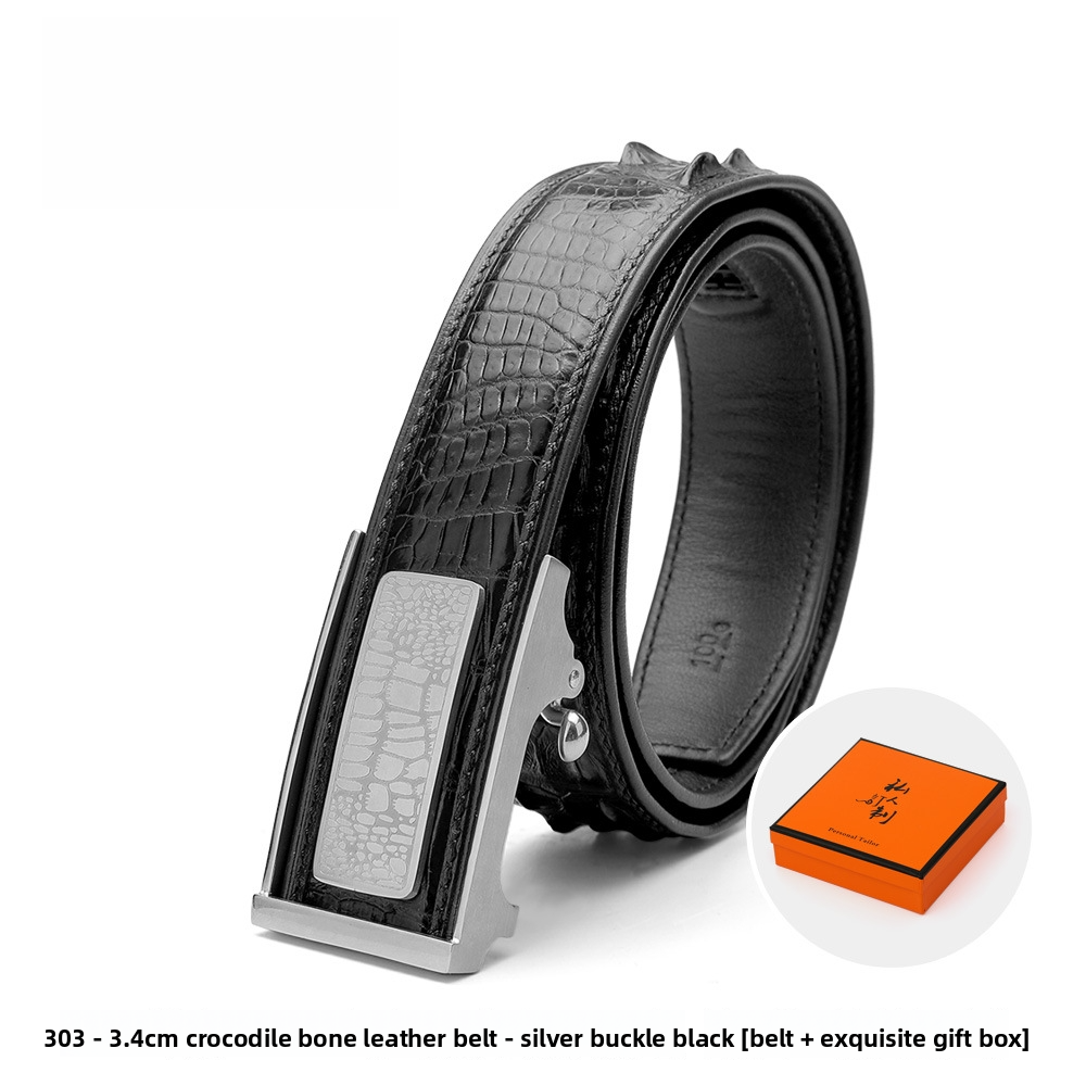 Ceinture en cuir noir motif crocodile, 120 cm [entièrement en acier].