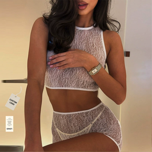 Summer New White Sweet & Fresh Sheer Cropped Top & High-Waisted Slimming Hot Pants Two-Piece Sexy Set Lingerie Outfits - Product Image 1