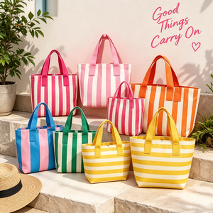 <span class=keywords><strong>Sac</strong></span> fourre-tout en toile pliable et réutilisable à rayures multicolores avec logo personnalisé, idéal pour le shopping, les voyages et les vacances – Vente en gros usine - Product Image 1