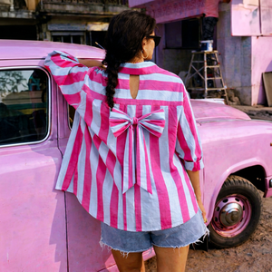 Camisa Casual a Rayas 100% Algodón para Mujer, Cuello con Muescas, Mangas Largas, Detalle de Botón con Lazo en la Espalda, Corte Holgado, Secado Rápido, Uso Diario - Product Image 1