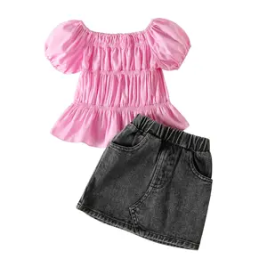 אופנה חליפות בגדי ילדים קיץ בנות ילד צמוד העליון+חצאית ג'ינס סטים שני חלקים בוטיק בגדי תינוקות סטים ילדה