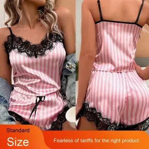 Pijama de satén sexy de dos piezas para mujer, estilo europeo-americano, con cintura elástica y rayas, para descansar. - Product Image 2