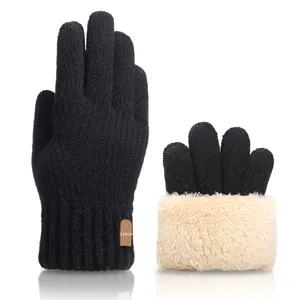 OEM Leather Patch Knitted Warm Winter Mitten Acrylic Men And Women Touch Screen Winter Gloves Customize