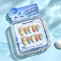 Lot de 10 faux ongles d'été faits à la main, forme amande moyenne, dégradé, avec coquillages et fleurs 3D, réutilisables, en gel