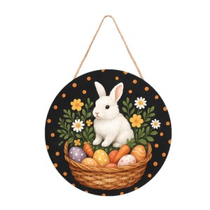 Plaque de porte ronde en bois de Pâques 30 cm, décoration suspendue lapin et œuf, pour intérieur, faite à la main, impression UV - Product Image 5