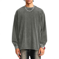 230g 100% katoenen kraagloze distressed T-shirt met lange mouwen, wijde schouderlijn, gewassen vintage herfstlook, oversized unisex top