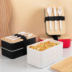 Boîte à bento personnalisée à double couche en PP avec couvercle en bois, couvercle réutilisable en bambou, boîtes à lunch en plastique à double couche avec couverts - Product Image 3