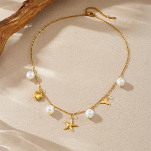 Starfish Shell Pearl Pendant Necklace Gold Plated Stainless Steel Gift Jewelry - Product Image 3
