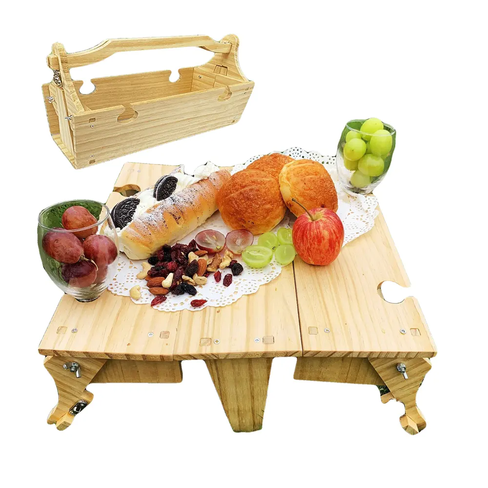 와인 글라스 홀더와 사용자 정의 도매 작은 접이식 나무 피크닉 테이블 미니 휴대용 접이식 대나무 야외 피크닉 테이블