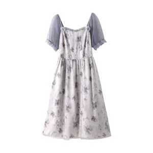 Женское летнее повседневное французское платье большого размера с рукавами-пузырьками, декоративная сетчатая юбка, трехслойная распущенная юбка из ткани, свободная чайная юбка