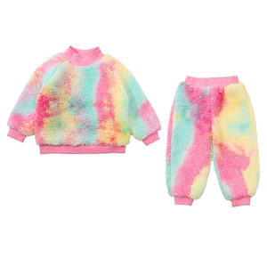 Ensemble de jogging 2 pièces teint par cravate pour petites filles, sweat-shirt à capuche court et sweat-shirt décontracté, <span class=keywords><strong>tenue</strong></span> <span class=keywords><strong>en</strong></span> peluche de <span class=keywords><strong>laine</strong></span> d'agneau pour bébés - Product Image 1