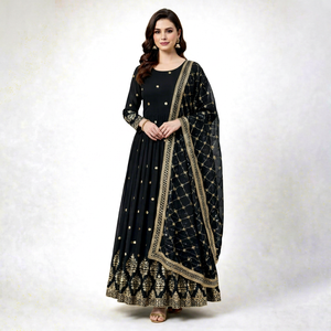 Costume Anarkali traditionnel noir pour femmes avec dupatta brodée d'or, coupe ample, longueur au sol, style indien pakistanais - Product Image 1