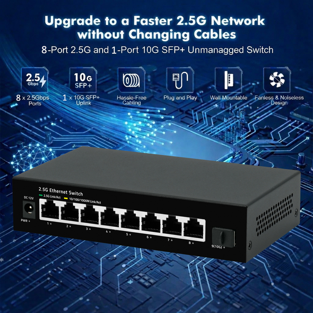 8 Port 2.5Gb Ethernet Switch Unmanaged Network Switch Ethernet Splitter Multigig Switch 60G Bandwidth