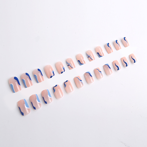 24 Uñas Postizas Cuadradas Medianas con Diseño de Ondas Azules, Uñas Artificiales Reutilizables en <span class=keywords><strong>Rosa</strong></span> Nude con Pestañas Adhesivas - Product Image 1