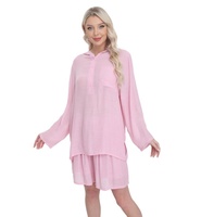 Ensemble 2 pièces sexy transparent à boutons pour femme, rose pâle, à manches longues et à capuche, idéal pour les vacances et la plage