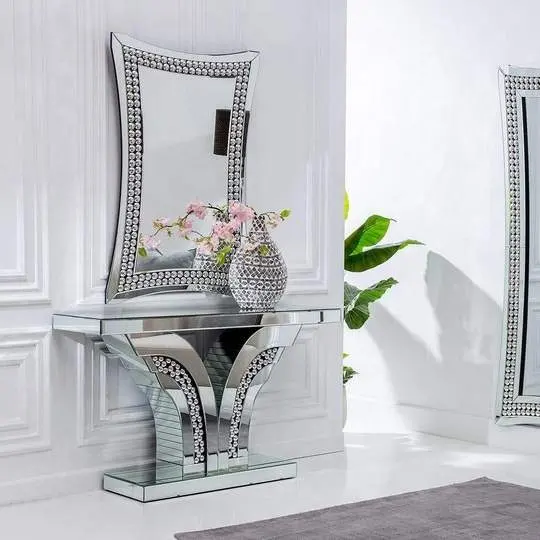 Console de parede em v, conjunto de mesa espelhado com design moderno para sala de estar, móveis, vidro