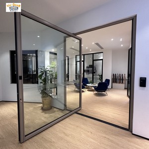 Porte pivotante en aluminium et verre pour villa et appartement, porte pivotante centrale, portes à rotation, cadre noir, entrée intérieure, portes en verre hors axe - Product Image 2