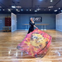 Nouveau drapeau de danse, accessoires de performance de danse du ventre, motif tête de lion, drapeaux en mousseline rouge avec tiges extensibles