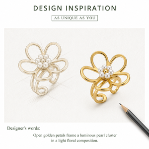 Bague ajustable en acier inoxydable avec fleur en fausses perles, plaquée or 14K sous vide, design à pétales ouverts - Product Image 4