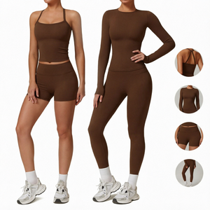 Ensemble de yoga marron uni pour femme, haut court taille haute et leggings à manches longues, 2 pièces, sans couture, en Spandex et Polyester, pour la gym et le fitness - Product Image 1