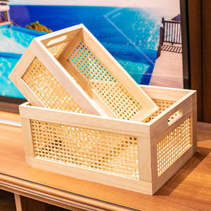 Rattan <b>Basket</b> <b>Storage</b> Box Rectangle Solid Wood No Lid Office Drawer Style Organizers for Sundries Desktop Use - Product Image 1