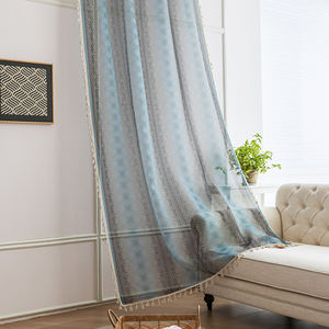 Rideaux de bohème bleus transparents géométriques avec glands 100% polyester, protection UV et filtrage de la lumière pour la maison/café/complexe - Product Image 1