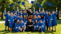 Toge de graduation bleu roi pour adulte, nouveau design, avec rayures blanches sur les manches