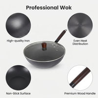 Wok en fonte écologique non revêtue de 30 cm avec poignée en bois et couvercle en verre, pré-assaisonné, antiadhésif, compatible gaz et induction