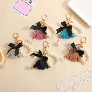 Ribbon Bow Keyring Hand Painted Beads Keychain Crystal Key Chains Women Bag Charm Pendant Bling Rhinestone Pearl Beads Key Ring