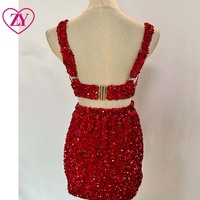 Ensemble jupe et haut court à paillettes rouges, tenue deux pièces pour femmes, tenue de soirée scintillante, robe de soirée décontractée au genou, mode africaine