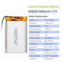 Batterie Li-Po polymère 1500 mAh 103048, batterie Lipo CSIP103048 3,7 V 1500 mAh, batterie lithium-ion souple avec certifications KC CE