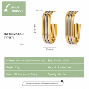 Boucles d'oreilles créoles bicolores à trois rangs en acier inoxydable plaqué or 18 carats sous vide, forme U allongée - Product Image 4
