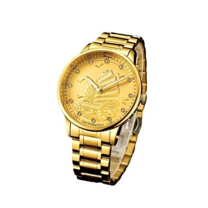 Montre automatique de luxe pour hommes, cadran en or avec bateau à voile en relief, en acier inoxydable, étanche, montre-bracelet décontractée et élégante - Product Image 2