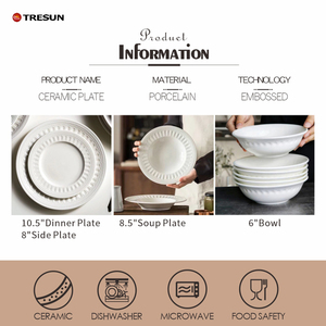 European Style Pure White <b>Ceramic</b> <b>Plate</b> Embossed Salad Dinner <b>Plate</b> with Eco Friendly Food Grade for Luxury Western Restaurants - Product Image 6