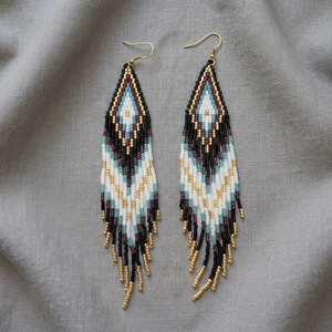 Pendientes de flecos con cuentas Miyuki Delica hechos a mano en dorado metálico, blanco marfil, azul turquesa y negro con diseño geométrico tribal. - Product Image 6