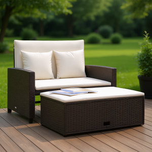 Canapé de patio en polyrotin marron 2 places avec coussins crème, canapé de jardin extérieur au design contemporain, résistant à l'eau et aux UV - Product Image 2