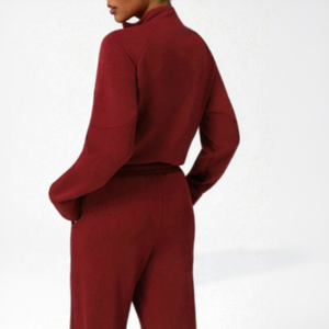 Conjunto Deportivo Holgado para Mujer, Color Rojo Sólido, Cierre de Cremallera de un Cuarto, Manga Larga, Pantalones Anchos con Bolsillos Laterales, Ropa Casual de Otoño - Product Image 2