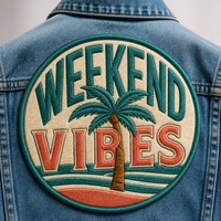 Patch brodé personnalisé avec citation 'Weekend Vibes' 3D thermocollant sur toile pour bonnet