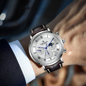 <span class=keywords><strong>Montre</strong></span> à quartz en <span class=keywords><strong>acier</strong></span> inoxydable pour homme avec chronographe, phase de lune et date |   Résistant à l'eau 3BAR |   Bracelet en cuir véritable - Product Image 2