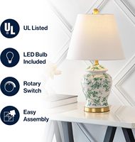 Lampe de table LED 22 pouces, blanche et verte, en céramique et métal, style chinoiserie, abat-jour en lin traditionnel français, finition laiton doré