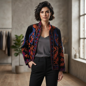 Veste élégante en velours brodé pour femme, motif floral, col montant, manches longues, style bohème automne, ouverte sur le devant, manteau en velours noir - Product Image 3