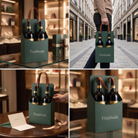 Luxe 2-flessen wijn draagtas bruine lederen handgreep smaragdgroene stevige kartonnen verpakking premium cadeauverpakking op maat