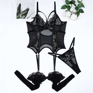 Ensemble de Lingerie Exotique pour Femme avec Bretelles, Transparent en Maille, Trois Pièces, Soutien-Gorge et Bas Résille – Vente en Gros - Product Image 6