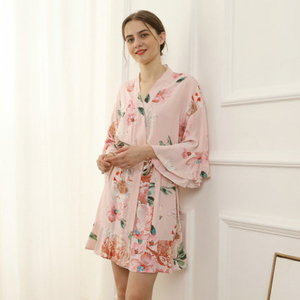 FUNG 6012 Plus Size Summer Short Sleeve Knee Length Rayon Floral Bridesmaid Robes